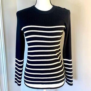 PREMISE Black and White Stripe Ribbed Knit Top Shoulder Button Accent Large NWT